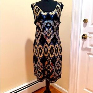 Cache Geometric Patterned Sleeveless Gold , Blue  Black sequins evening dress